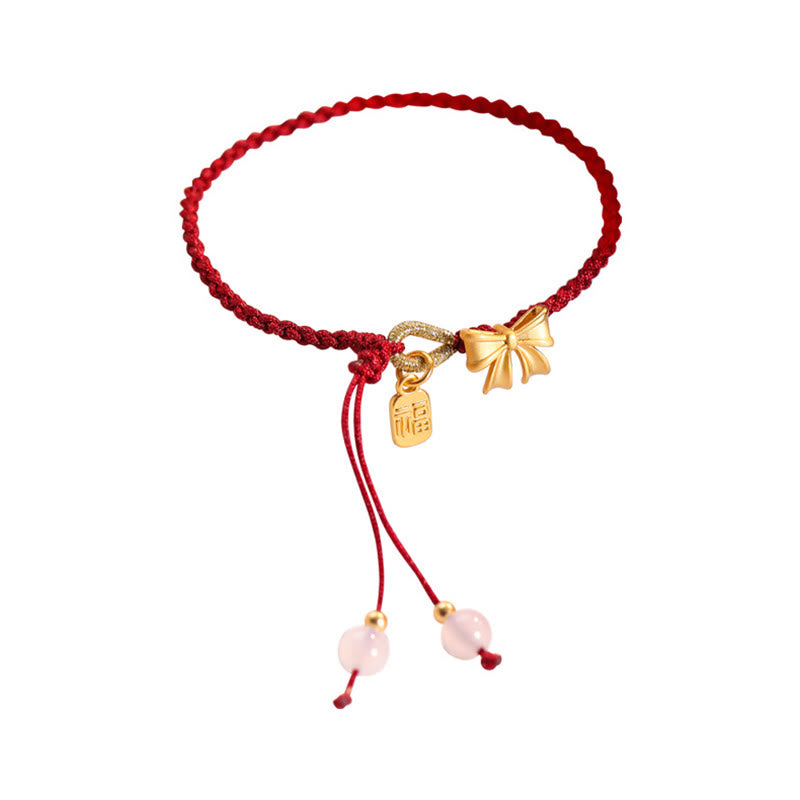 Fortune Jewel Handmade Peach Blossom Rosette Bow Knot Fu Character Charm Luck Fortune Red Rope Bracelet
