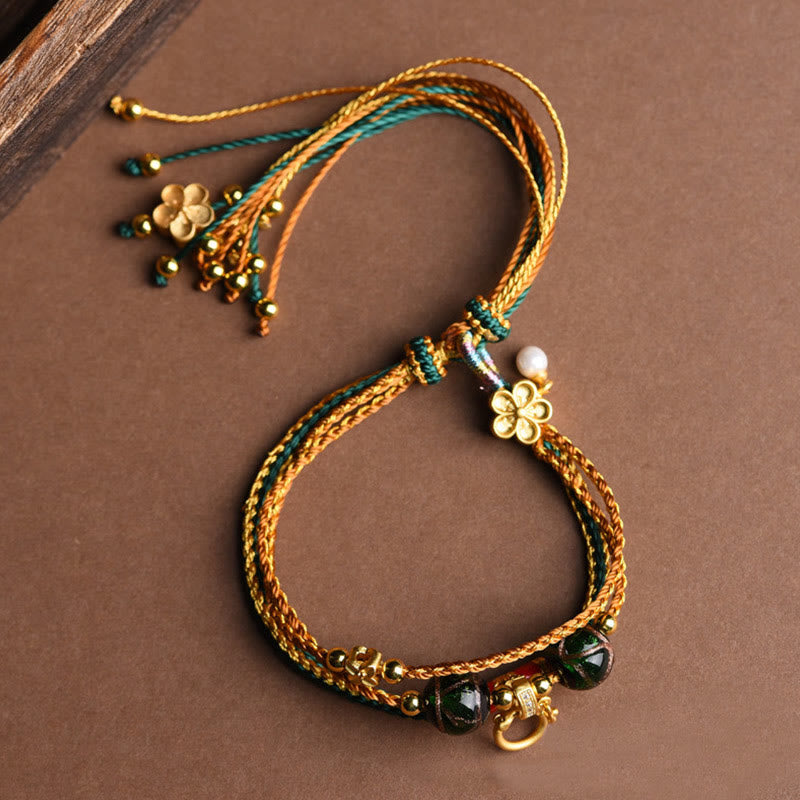 Fortune Jewel Tibetan Handmade Rope Liuli Glass Bead Braided Multilayered Healing Bracelet