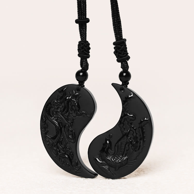 Fortune Jewel Black Obsidian Yin Yang Dragon Phoenix Luck Necklace Pendant