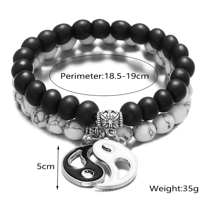 Fortune Jewel 2pcs Natural Black Onyx White Turquoise Bead Yin Yang Couple Bracelet