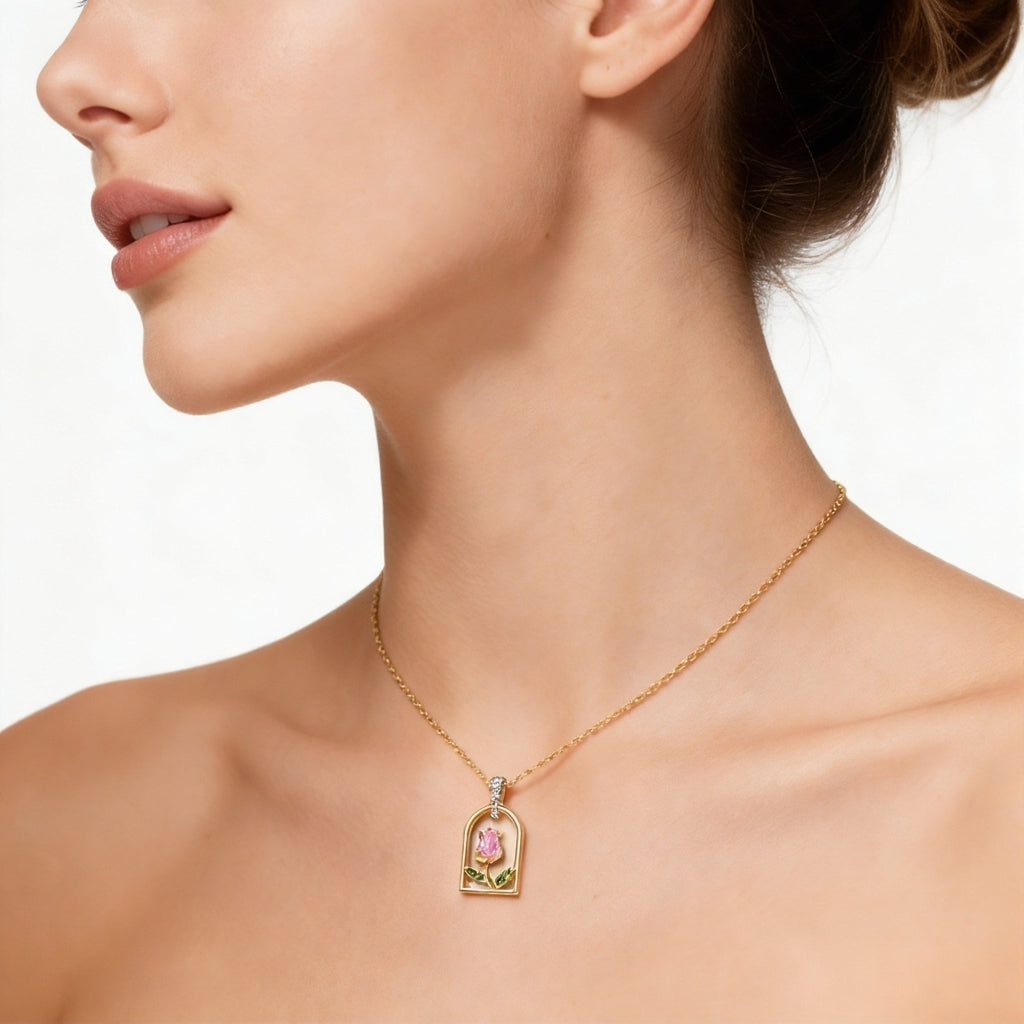 Pink Tulip Pendant Necklace for Women | Gold-Plated Crystal Charm with Thin Delicate Chain