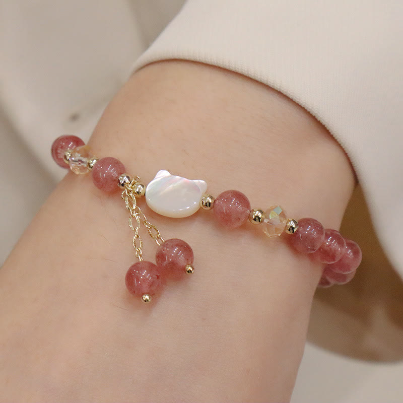Fortune Jewel Natural Strawberry Quartz Morganite Tridacna Stone Cat Love Bracelet