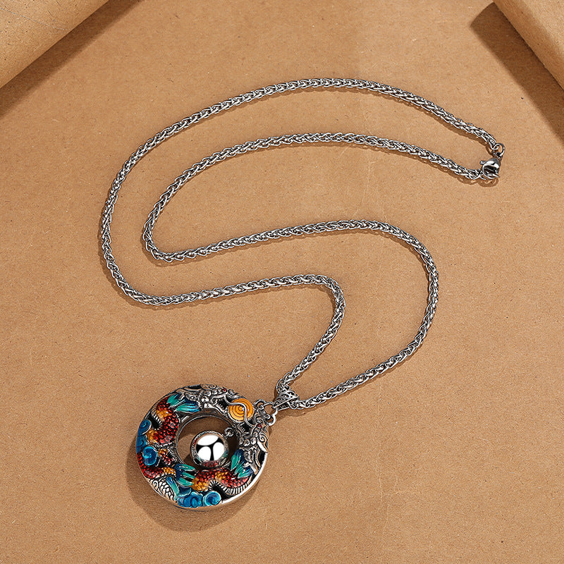 Fortune Jewel Year of the Dragon Colorful Double Dragons Playing Bead Copper Protection Necklace Pendant