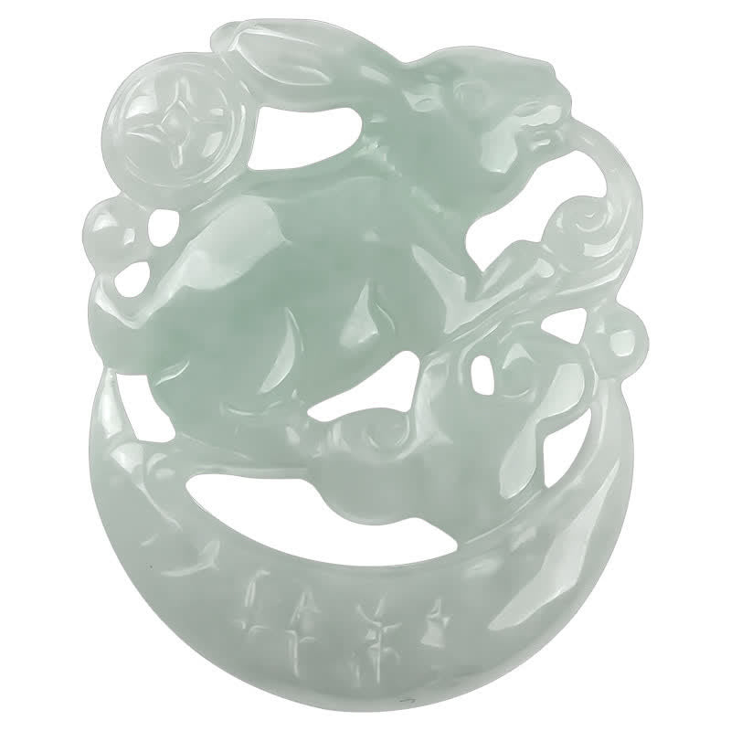 Fortune Jewel Year of the Rabbit White Jade Crescent Moon Protection Necklace Pendant