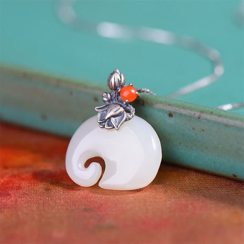 Fortune Jewel White Jade Elephant Lotus Protection Necklace Pendant Fortune Jewel