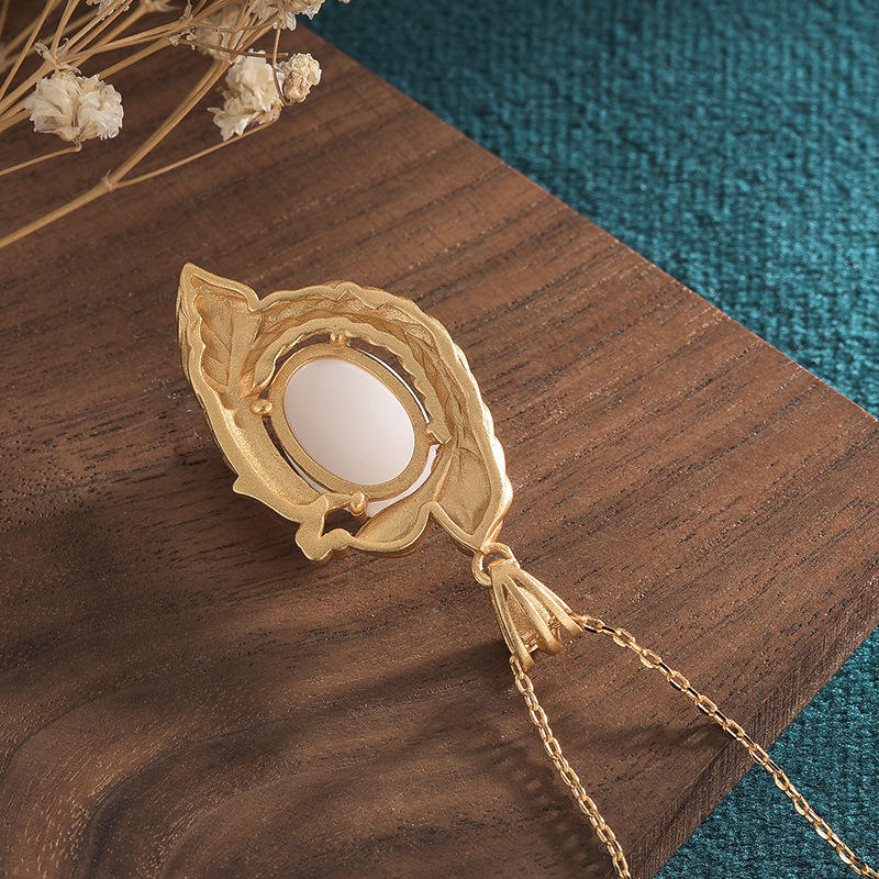 Fortune Jewel White Jade Peacock Copper Blessing Necklace Pendant