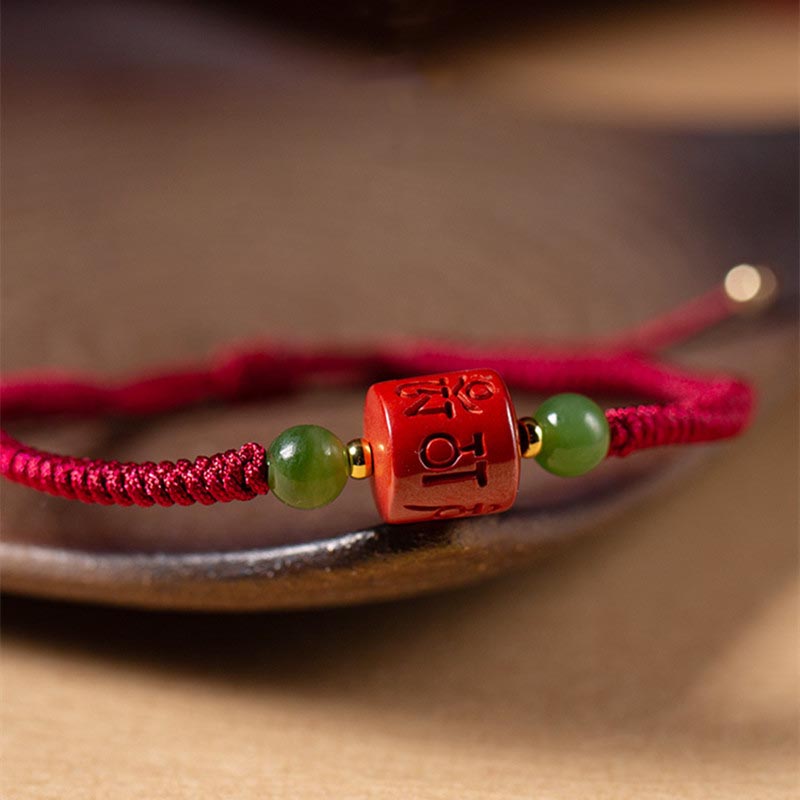 Fortune Jewel Tibetan Cinnabar Om Mani Padme Hum Engraved Blessing Braided Rope Bracelet