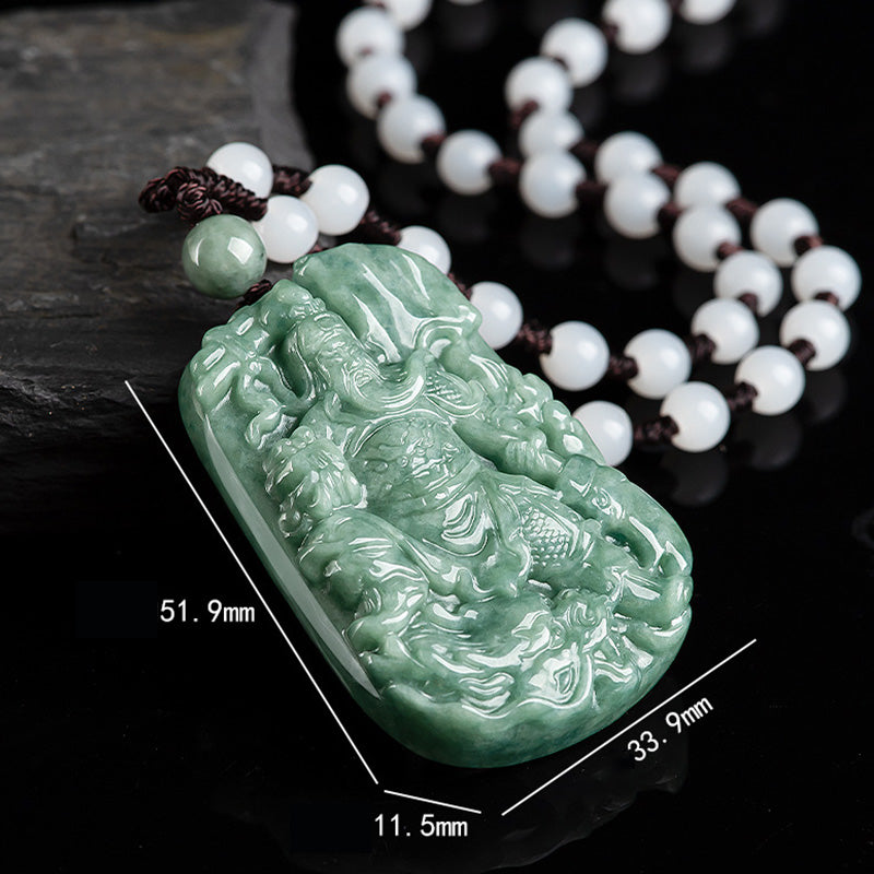 Fortune Jewel Natural Jade Guan Gong Amulet Wealth Necklace Pendant