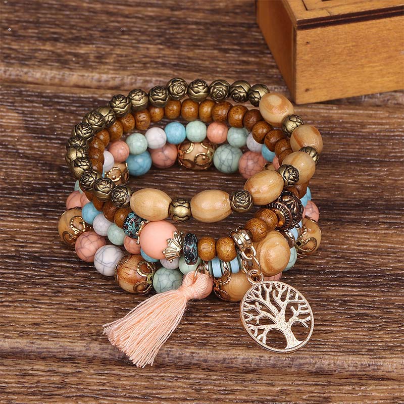 Fortune Jewel Wenge Wood Layered Tree Tassel Healing Bracelet - Fortune Jewel