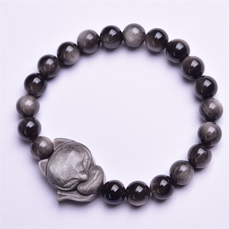 Fortune Jewel Natural Silver Sheen Obsidian Fox Protection Bracelet