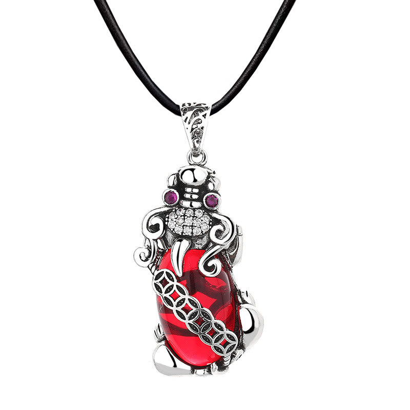 Fortune Jewel PiXiu Garnet Copper Coin Wealth Luck Necklace Pendant