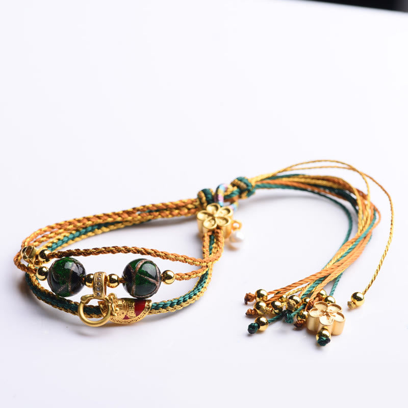 Fortune Jewel Tibetan Handmade Rope Liuli Glass Bead Braided Multilayered Healing Bracelet