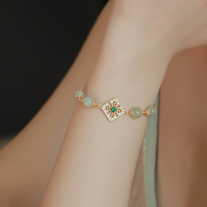 Fortune Jewel Natural Hetian Jade Bead Square Pattern Luck Chain Bracelet