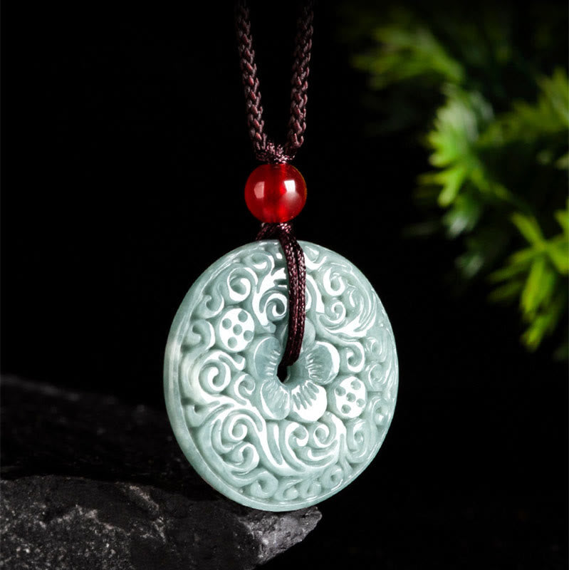 Fortune Jewel Green Jade Flower Carved Peace Buckle Abundance Necklace Pendant
