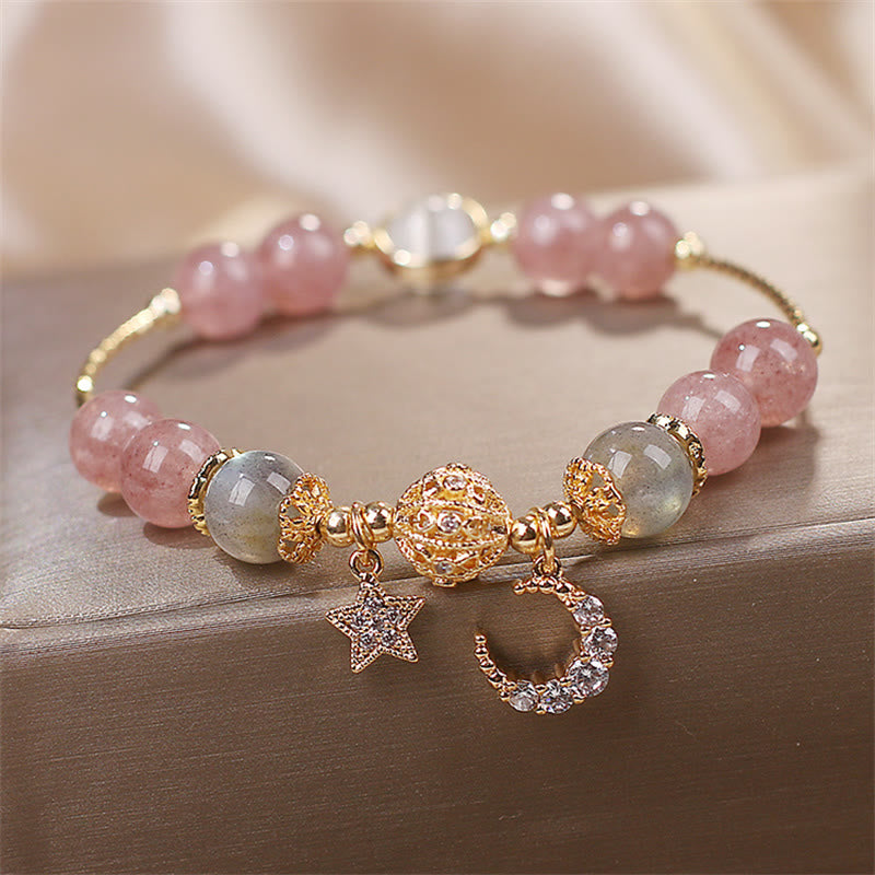 Fortune Jewel Strawberry Quartz Moonstone Moon Star Love Bracelet