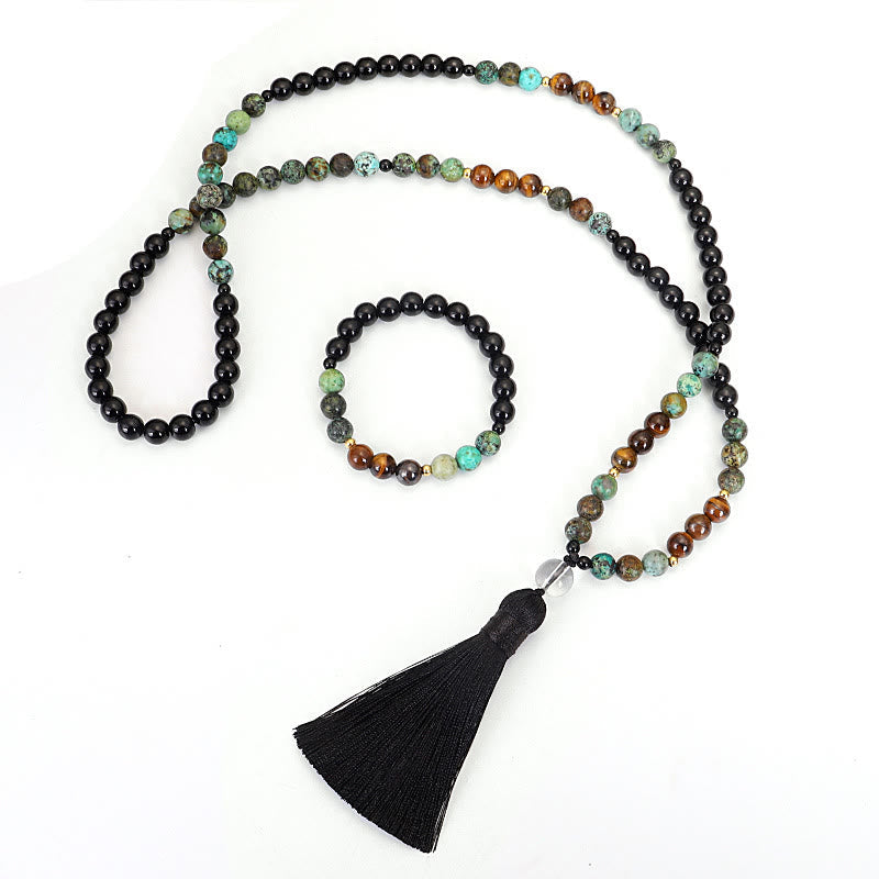 Fortune Jewel 108 Mala Beads Natural Stone Tiger Eye Turquoise Protection Strength Bracelet Necklace