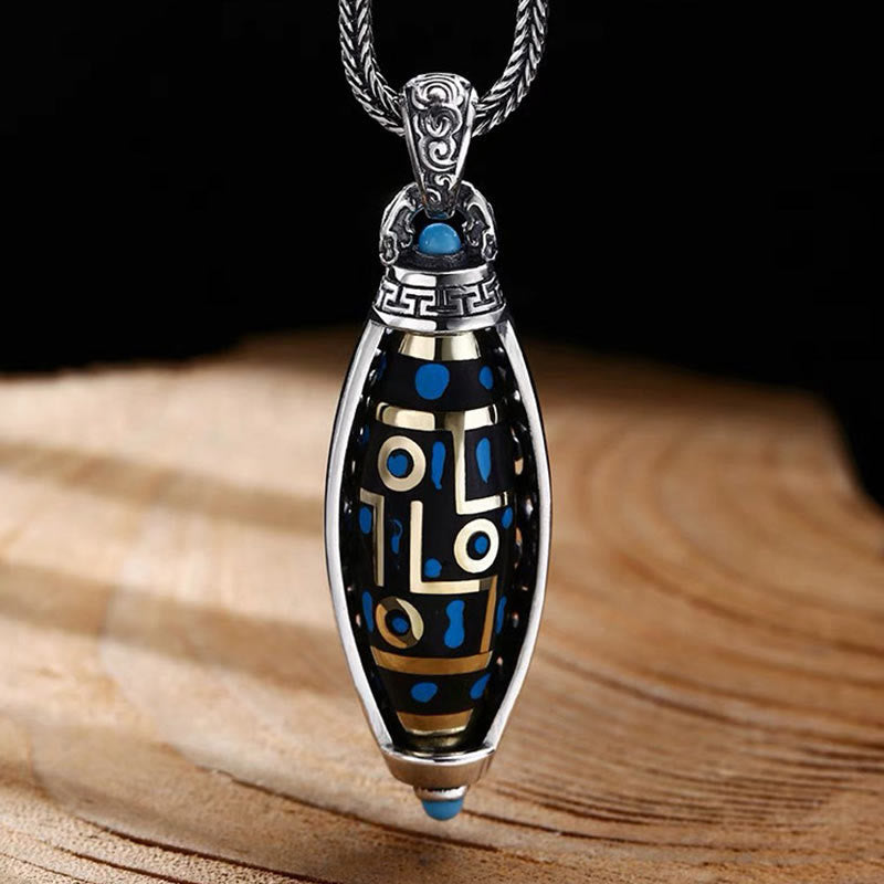 Fortune Jewel Tibetan Om Mani Padme Hum Nine-Eye Dzi Bead Pattern Peace Purity Rotatable Necklace Pendant