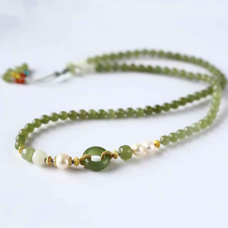 Fortune Jewel Hetian Jade Pearl Peace Buckle Luck Wealth String Bracelet