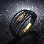 Fortune Jewel Feather Pattern Multilayer Leather Titanium Steel Calm Braided Magnetic Buckle Bracelet