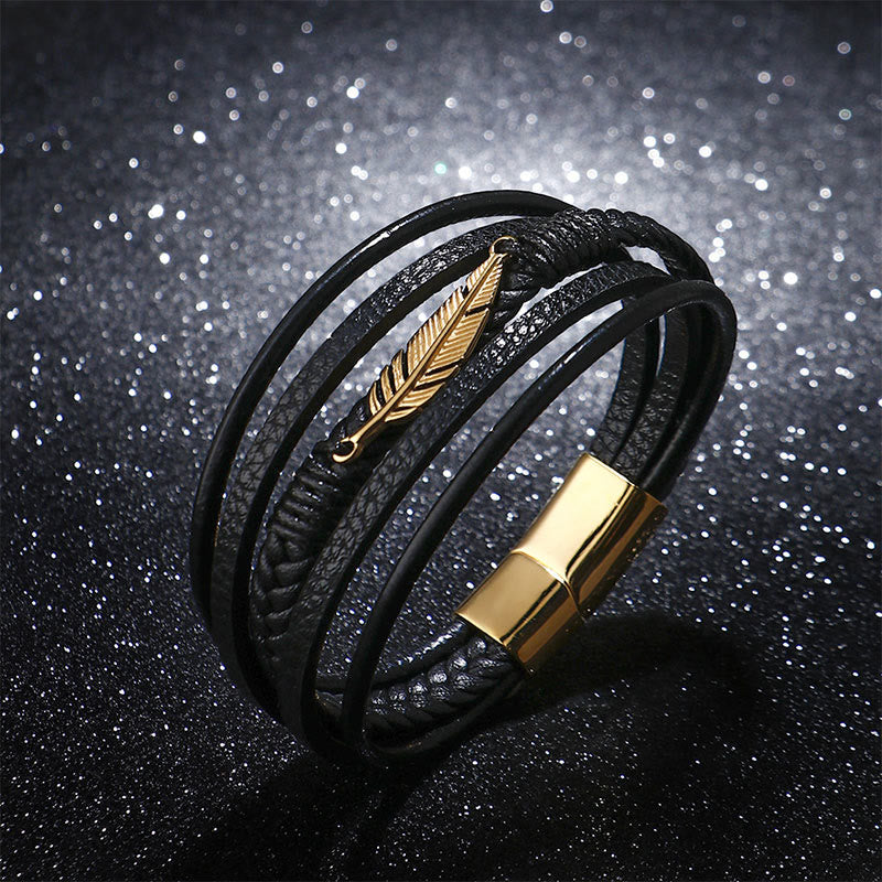 Fortune Jewel Feather Pattern Multilayer Leather Titanium Steel Calm Braided Magnetic Buckle Bracelet