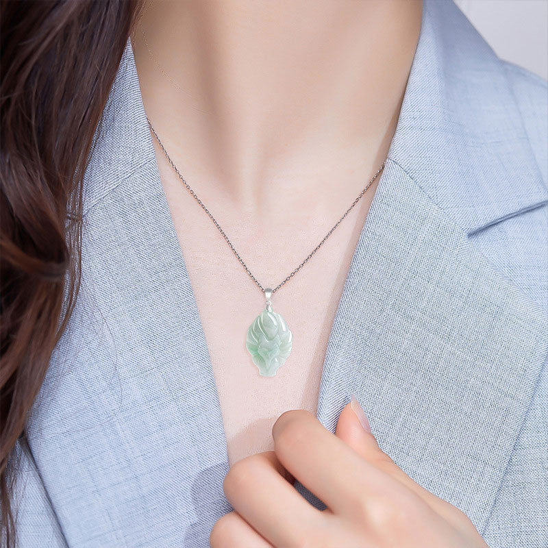 Fortune Jewel Natural Jade Nine Tailed Fox Prosperity Titanium Steel Chain Necklace Pendant