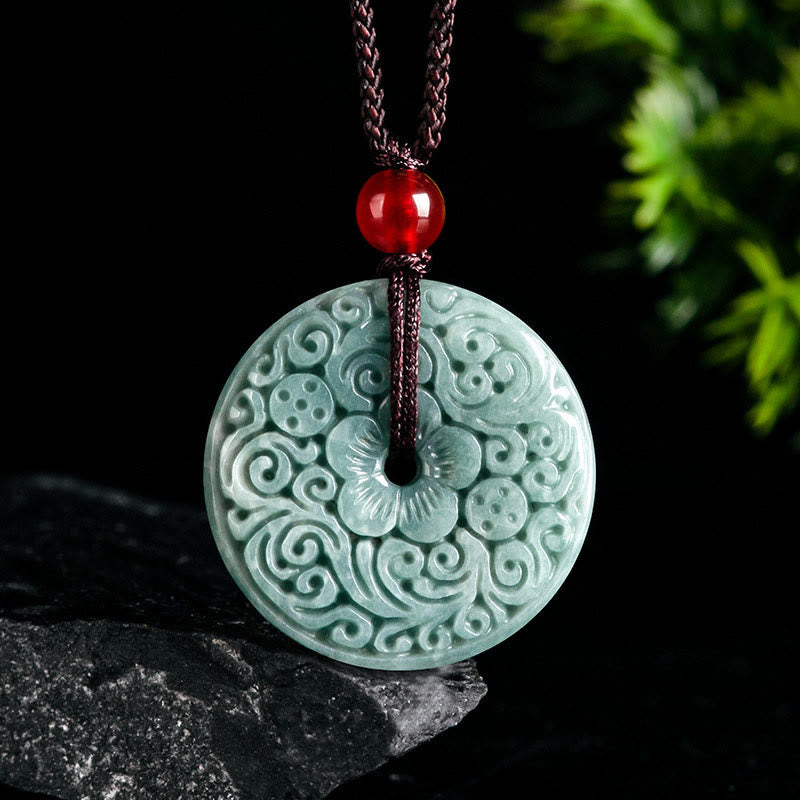 Fortune Jewel Green Jade Flower Carved Peace Buckle Abundance Necklace Pendant