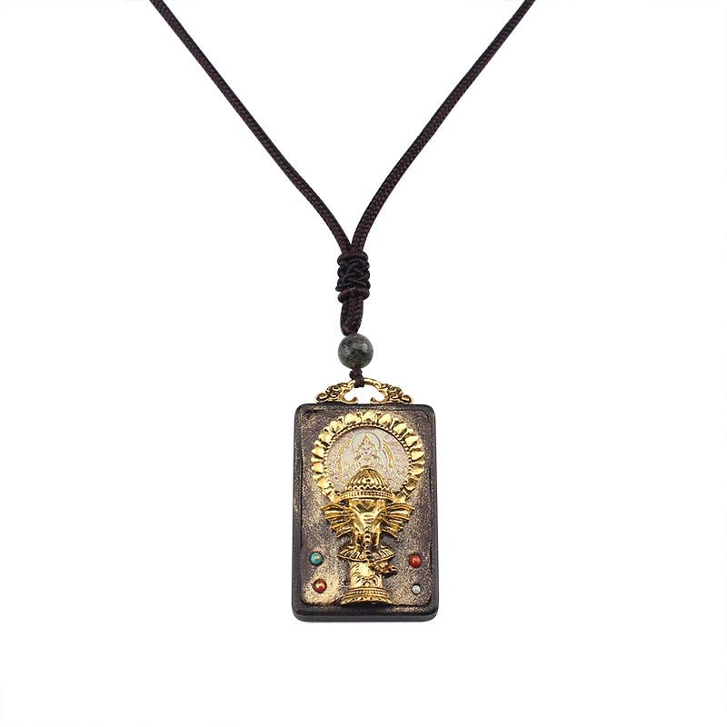 Fortune Jewel Ebony Wood Elephant God of Fortune Buddha Blessing Necklace String Pendant