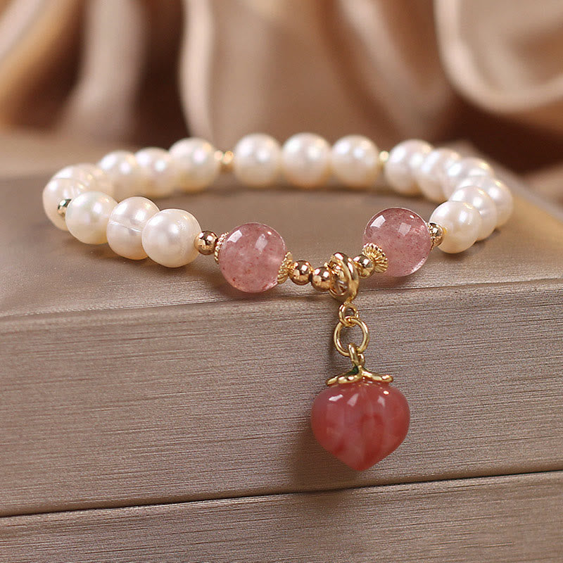 Fortune Jewel Natural Pearl Strawberry Quartz Peach Love Heart Wisdom Charm Bracelet