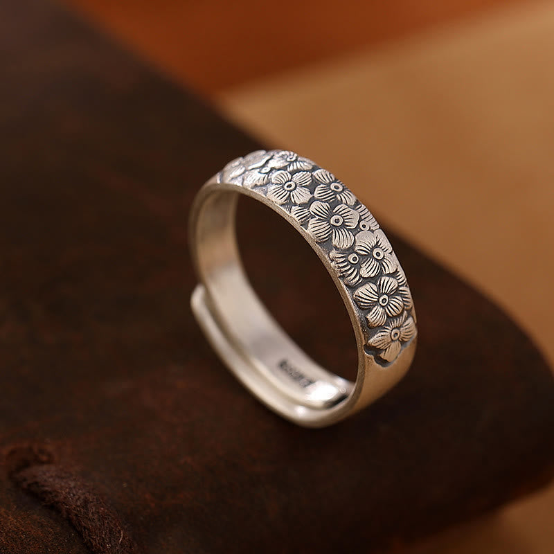 Fortune Jewel 999 Sterling Silver Lotus Flower Plum Blossom Auspicious Clouds Engraved Enlightenment Ring Fortune Jewel
