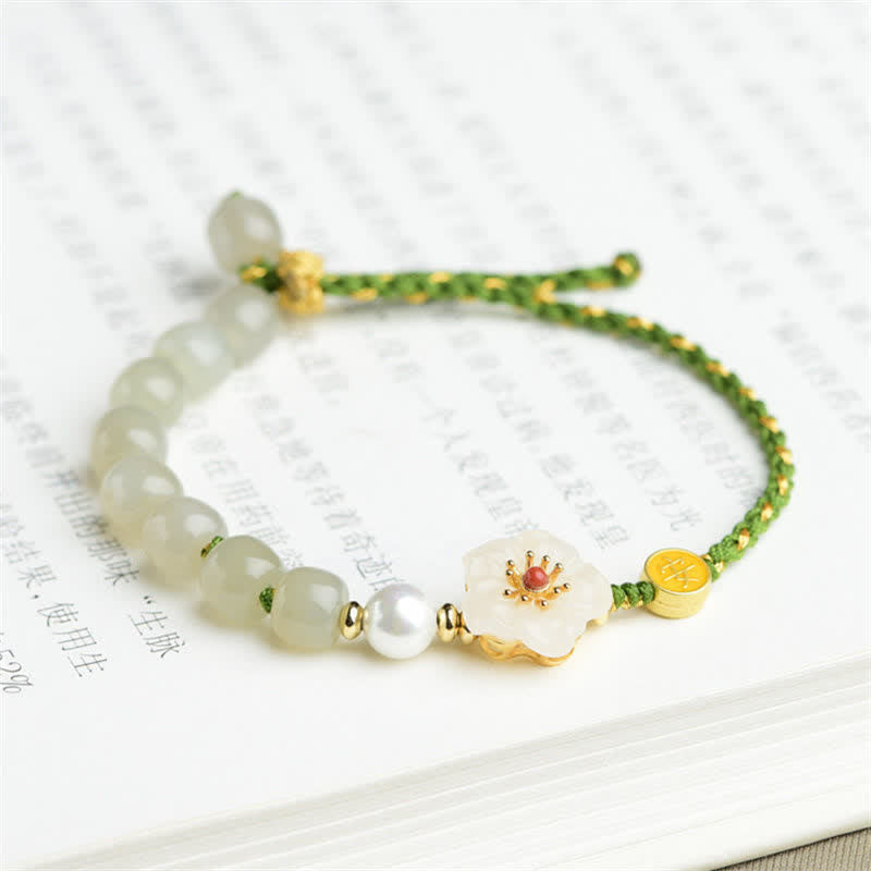 Fortune Jewel 925 Sterling Silver Natural Hetian Jade Peach Blossom Luck Bracelet