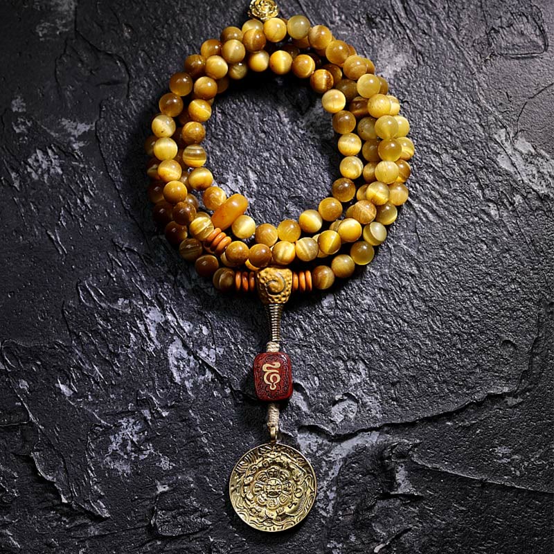 Fortune Jewel 108 Mala Beads Natural Tiger Eye Copper Dorje Protection Tassel Bracelet