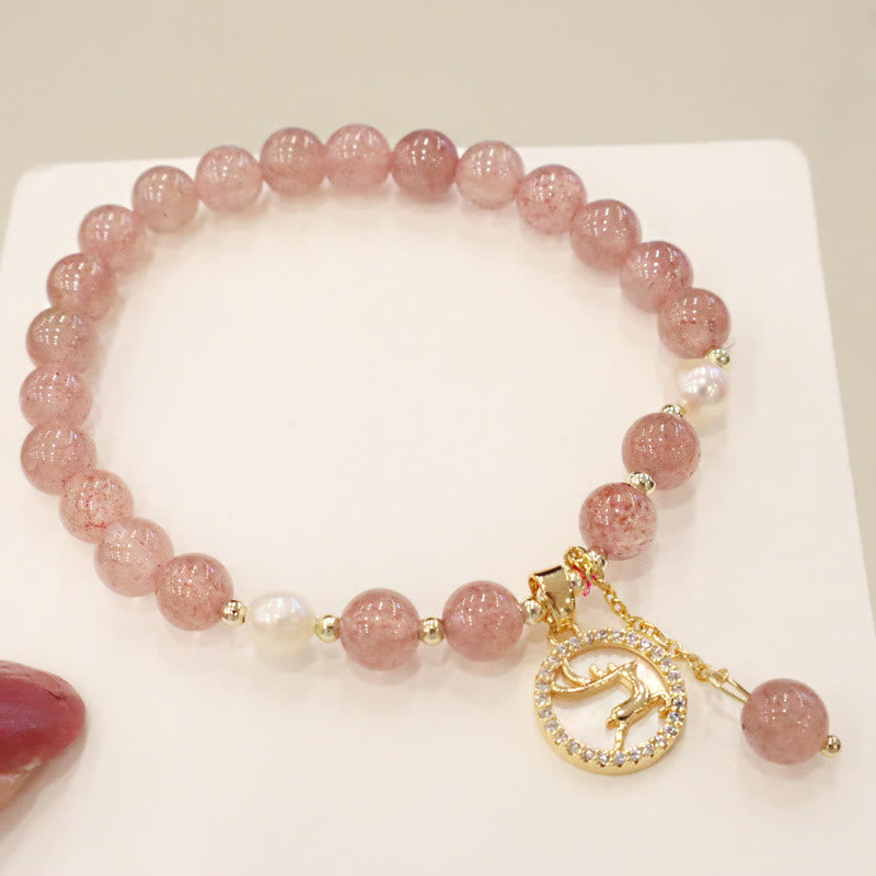 Fortune Jewel Strawberry Quartz Pearl Elk Smiley Face Fishtail Fu Character Charm Healing Bracelet