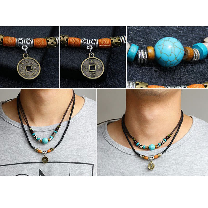 Fortune Jewel Turquoise Dzi Bead Protection Necklace