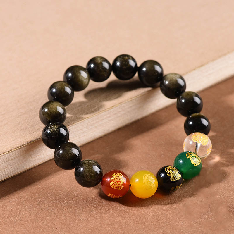 Fortune Jewel Gold Sheen Obsidian Rainbow Obsidian Black Obsidian Five Directions Gods of Wealth Bracelet