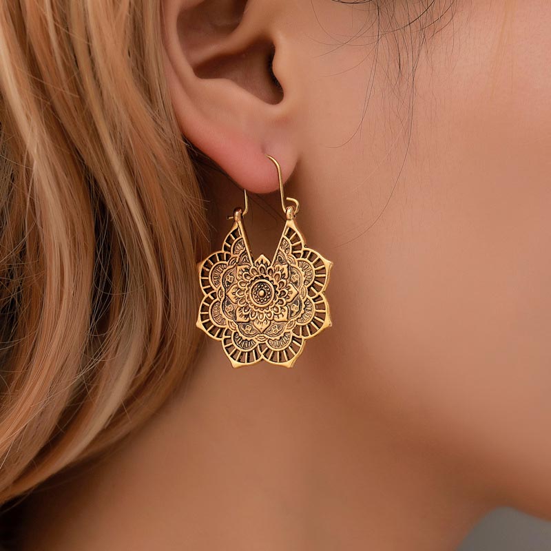 Fortune Jewel Tibetan Lotus Engraving Copper Blessing Drop Earrings
