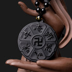 Fortune Jewel Natural Black Obsidian Tibetan Om Mani Padme Hum Buddha Swastika Luck Necklace Pendant