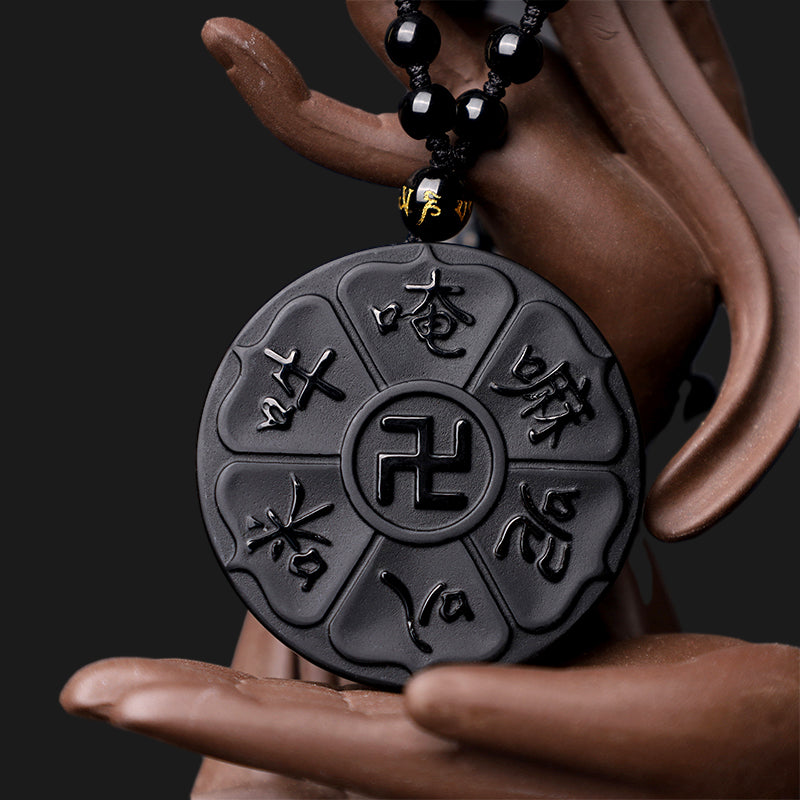 Fortune Jewel Natural Black Obsidian Tibetan Om Mani Padme Hum Buddha Swastika Luck Necklace Pendant