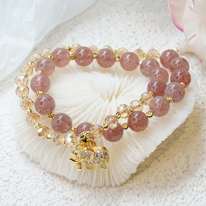 Fortune Jewel Rose Quartz Elephant Healing Energy Charm Bracelet