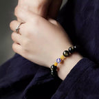 Fortune Jewel 925 Sterling Silver Chinese Zodiac Natal Buddha Natural Gold Sheen Obsidian Amber Wealth Protection Bracelet