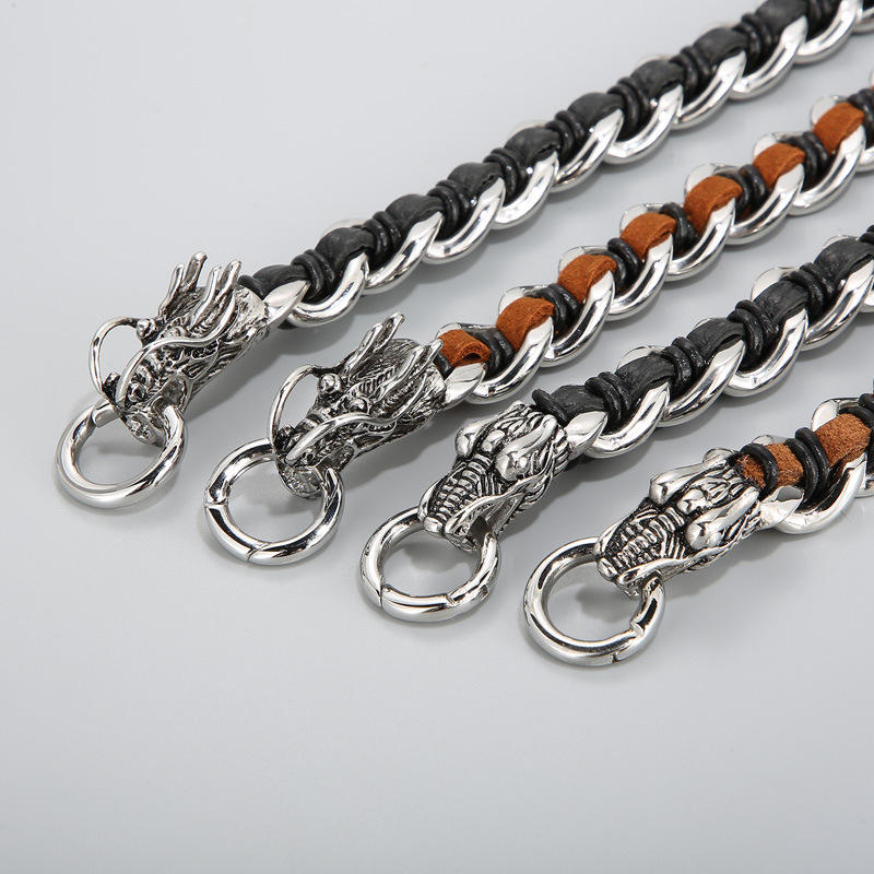 Fortune Jewel Dragon Leather Titanium Steel Protection Luck Braided Bracelet Fortune Jewel