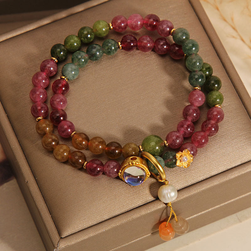 Fortune Jewel Multicolored Tourmaline Positive Double Wrap Gourd Charm Bracelet