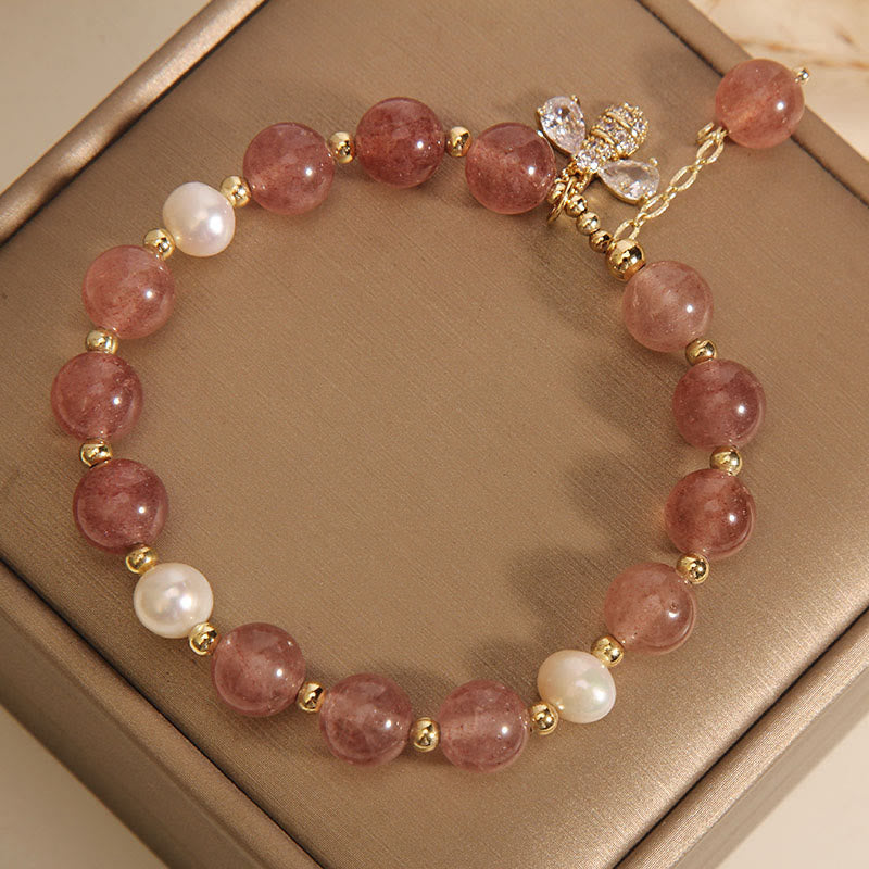 Fortune Jewel Strawberry Quartz Pearl Cute Zircon Honeybee Positive Charm Bracelet