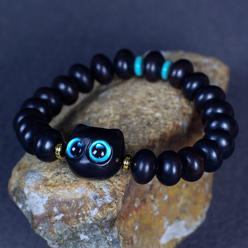 Fortune Jewel Ebony Wood Liuli Glass Lovely Cat Peace Balance Bracelet