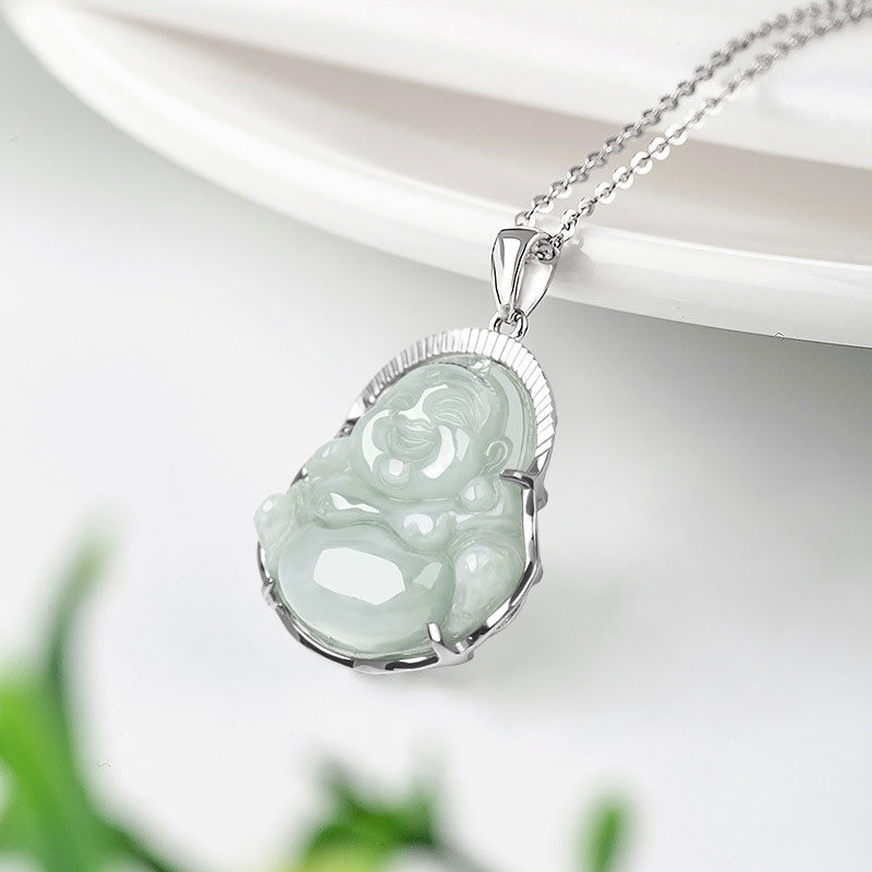 Fortune Jewel Laughing Buddha Jade Luck Calm Titanium Steel Chain Necklace Pendant Fortune Jewel