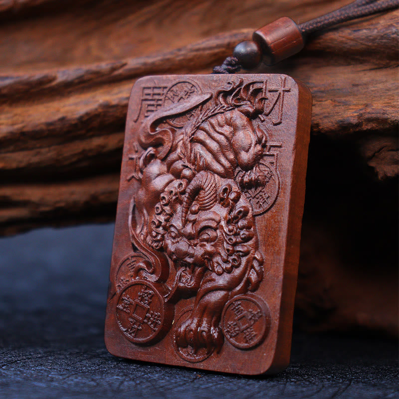 Fortune Jewel Natural Lightning Struck Jujube Wood PiXiu Copper Coin Good Fortune Necklace Pendant