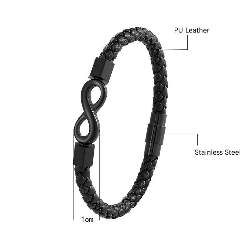 Fortune Jewel Endless Knot Titanium Steel Infinity Leather Weave Balance Bracelet