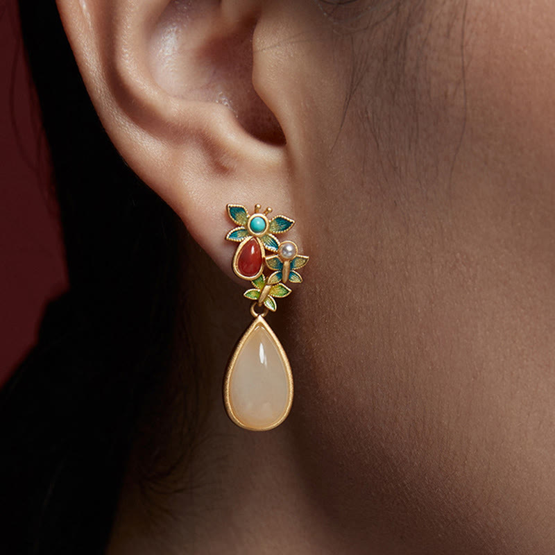 Fortune Jewel Water Drop White Jade Red Agate Butterfly Protection Drop Dangle Earrings