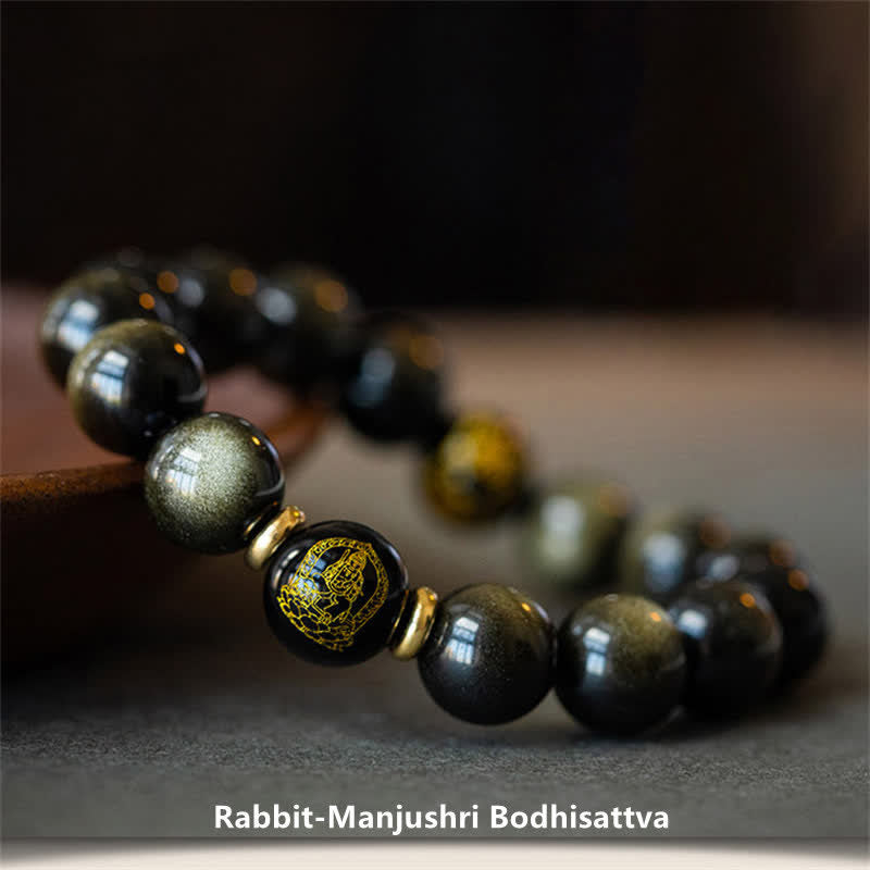 Fortune Jewel Chinese Zodiac Natal Buddha Gold Sheen Obsidian Wealth Protection Bracelet