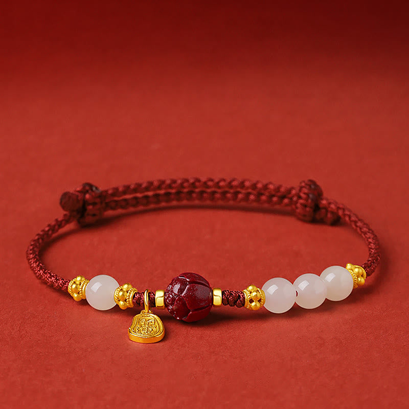 Fortune Jewel 24K Gold Plated Hetian White Jade Cinnabar Lotus Luck Rope Bracelet