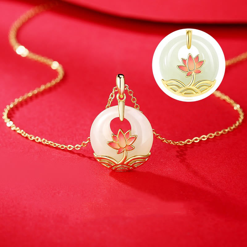Fortune Jewel 925 Sterling Silver Hetian White Jade Lotus Flower Blessing Necklace Pendant Fortune Jewel